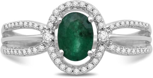 Jewelili 10K White Gold 7x5MM Oval Shape Emerald and 1/5 Cttw Natural White Round Diamond Ring, Size 7 in Saudi Arabia