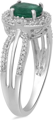 Jewelili 10K White Gold 7x5MM Oval Shape Emerald and 1/5 Cttw Natural White Round Diamond Ring, Size 7 in Saudi Arabia