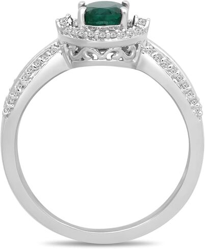 Jewelili 10K White Gold 7x5MM Oval Shape Emerald and 1/5 Cttw Natural White Round Diamond Ring, Size 7 in Saudi Arabia