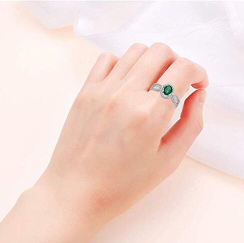 Jewelili 10K White Gold 7x5MM Oval Shape Emerald and 1/5 Cttw Natural White Round Diamond Ring, Size 7 in Saudi Arabia