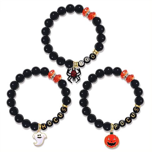 XOCARTIGE Halloween Bracelets for Girls Ghost Cat Pumpkin Charm Bracelet Black Beaded Stretch Bracelet Set for Costume Party in Saudi Arabia
