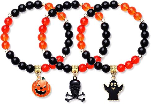 XOCARTIGE Halloween Bracelets for Girls Ghost Cat Pumpkin Charm Bracelet Black Beaded Stretch Bracelet Set for Costume Party in Saudi Arabia