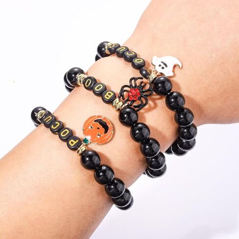 XOCARTIGE Halloween Bracelets for Girls Ghost Cat Pumpkin Charm Bracelet Black Beaded Stretch Bracelet Set for Costume Party in Saudi Arabia