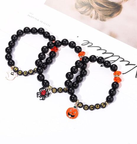 XOCARTIGE Halloween Bracelets for Girls Ghost Cat Pumpkin Charm Bracelet Black Beaded Stretch Bracelet Set for Costume Party in Saudi Arabia