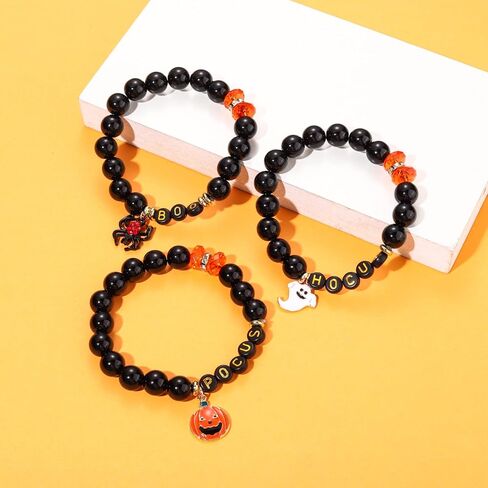 XOCARTIGE Halloween Bracelets for Girls Ghost Cat Pumpkin Charm Bracelet Black Beaded Stretch Bracelet Set for Costume Party in Saudi Arabia