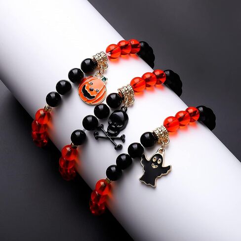 XOCARTIGE Halloween Bracelets for Girls Ghost Cat Pumpkin Charm Bracelet Black Beaded Stretch Bracelet Set for Costume Party in Saudi Arabia