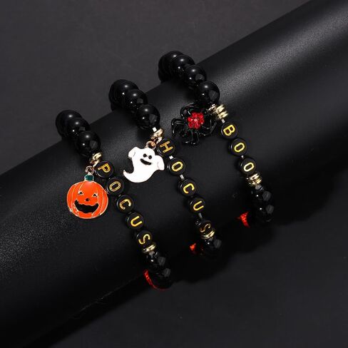 XOCARTIGE Halloween Bracelets for Girls Ghost Cat Pumpkin Charm Bracelet Black Beaded Stretch Bracelet Set for Costume Party in Saudi Arabia