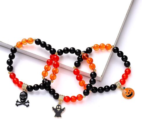 XOCARTIGE Halloween Bracelets for Girls Ghost Cat Pumpkin Charm Bracelet Black Beaded Stretch Bracelet Set for Costume Party in Saudi Arabia