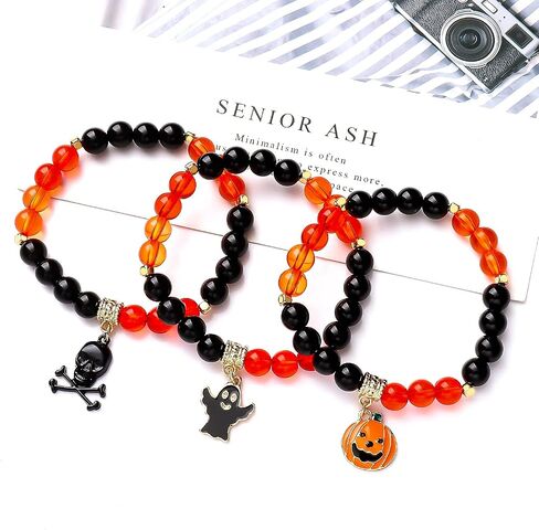 XOCARTIGE Halloween Bracelets for Girls Ghost Cat Pumpkin Charm Bracelet Black Beaded Stretch Bracelet Set for Costume Party in Saudi Arabia