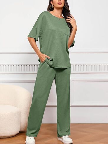 Women's 2 Piece Lounge Sets Short Sleeve Crewneck Waffle Knit Sweater Drawstring Stretchy Long Pants Pajama Sets in Saudi Arabia