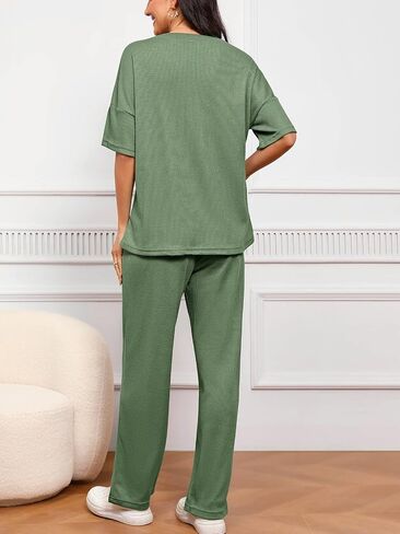 Women's 2 Piece Lounge Sets Short Sleeve Crewneck Waffle Knit Sweater Drawstring Stretchy Long Pants Pajama Sets in Saudi Arabia