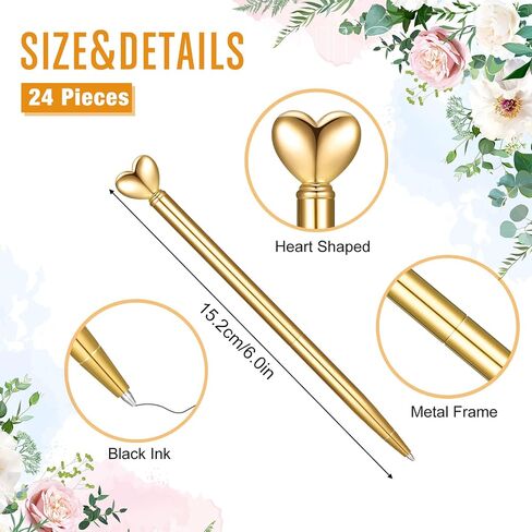 Thenshop 24 Pcs Heart Shaped Pens Retractable Metal Cute Pens 1.0 mm Black Ink Ballpoint Decorative Pens Engagement Gifts for Women School Office Wedding Bridal Shower Baby Shower(Gold) in Saudi Arabia