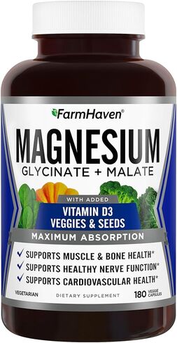 FarmHaven Magnesium Glycinate & Malate Complex w/Vitamin D3, 100% Chelated for Max Absorption, Vegetarian – Bone Health, Nerves, Muscles, 180 Capsules, 90 Days in Saudi Arabia