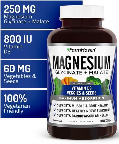 FarmHaven Magnesium Glycinate & Malate Complex w/Vitamin D3, 100% Chelated for Max Absorption, Vegetarian – Bone Health, Nerves, Muscles, 180 Capsules, 90 Days in Saudi Arabia