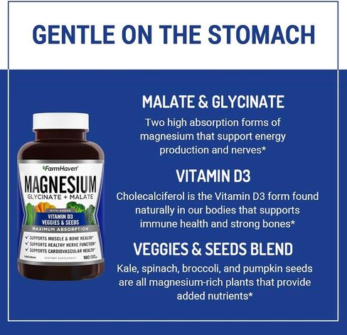 FarmHaven Magnesium Glycinate & Malate Complex w/Vitamin D3, 100% Chelated for Max Absorption, Vegetarian – Bone Health, Nerves, Muscles, 180 Capsules, 90 Days in Saudi Arabia