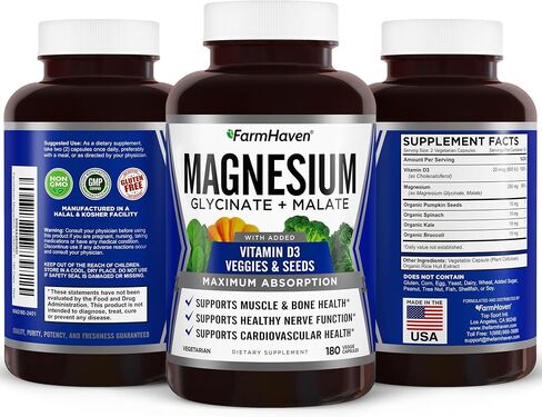 FarmHaven Magnesium Glycinate & Malate Complex w/Vitamin D3, 100% Chelated for Max Absorption, Vegetarian – Bone Health, Nerves, Muscles, 180 Capsules, 90 Days in Saudi Arabia
