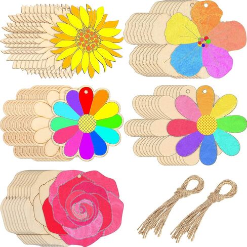Kathfly 100 Pieces Flowers Unfinished Wooden Cutouts for Crafts Sunflower Wood Slices Flower Wooden Paint Crafts for Kids Painting, DIY Crafts Painting Tags Wedding Home Decorations in Saudi Arabia