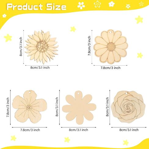 Kathfly 100 Pieces Flowers Unfinished Wooden Cutouts for Crafts Sunflower Wood Slices Flower Wooden Paint Crafts for Kids Painting, DIY Crafts Painting Tags Wedding Home Decorations in Saudi Arabia