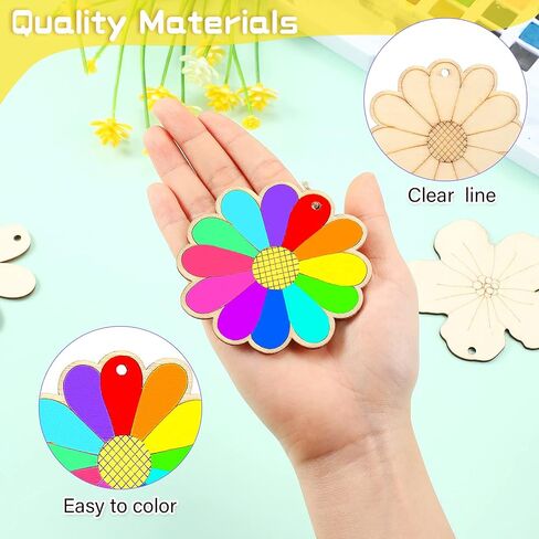 Kathfly 100 Pieces Flowers Unfinished Wooden Cutouts for Crafts Sunflower Wood Slices Flower Wooden Paint Crafts for Kids Painting, DIY Crafts Painting Tags Wedding Home Decorations in Saudi Arabia