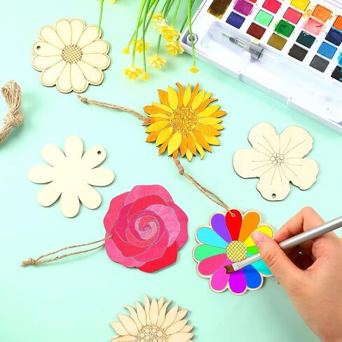 Kathfly 100 Pieces Flowers Unfinished Wooden Cutouts for Crafts Sunflower Wood Slices Flower Wooden Paint Crafts for Kids Painting, DIY Crafts Painting Tags Wedding Home Decorations in Saudi Arabia