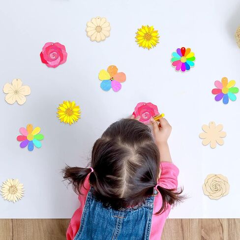 Kathfly 100 Pieces Flowers Unfinished Wooden Cutouts for Crafts Sunflower Wood Slices Flower Wooden Paint Crafts for Kids Painting, DIY Crafts Painting Tags Wedding Home Decorations in Saudi Arabia