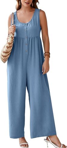 Glamaker Women's Casual Summer Sleeveless Jumpsuits Button Up Wide Leg Pant Romper Baggy Overalls With Pockets in Saudi Arabia