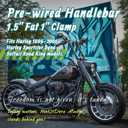 MoKitDora Sportster Dyna Softail Pre-wired Handlebar 12" Rise Bars 1-1/2" Fat 1" Clamp Ape Hanger for 1996-2006 Harley XL Road King FLHR (Except Softail Springer), Black in Saudi Arabia