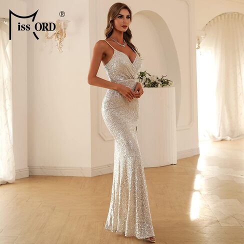 Miss ord Women's V-Neck Sequins Formal Prom Maxi Dress, Spaghetti Strap Sleeveless Evening Gown in Saudi Arabia