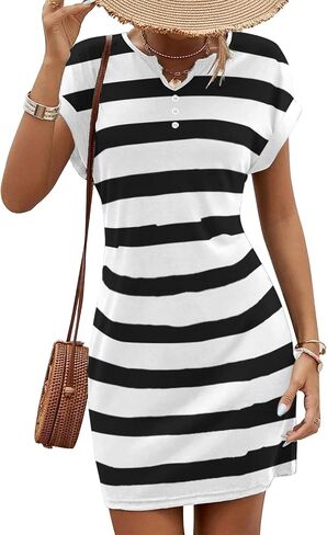 SAUKOLE Women’s 2024 Summer Casual V Neck Short Sleeve Dresses Slim Fit T Shirt Short Mini Dress with Buttons in Saudi Arabia