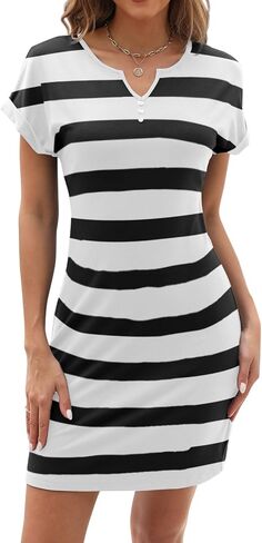 SAUKOLE Women’s 2024 Summer Casual V Neck Short Sleeve Dresses Slim Fit T Shirt Short Mini Dress with Buttons in Saudi Arabia