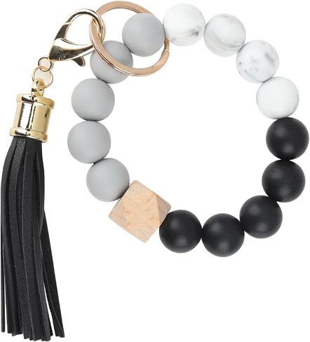 Silicone Beaded Bracelet Keychain with Leather Tassel,Elasticity Key Ring Bracelet for Women and Girls(Black) in Saudi Arabia