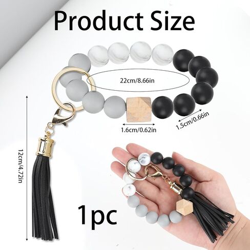 Silicone Beaded Bracelet Keychain with Leather Tassel,Elasticity Key Ring Bracelet for Women and Girls(Black) in Saudi Arabia