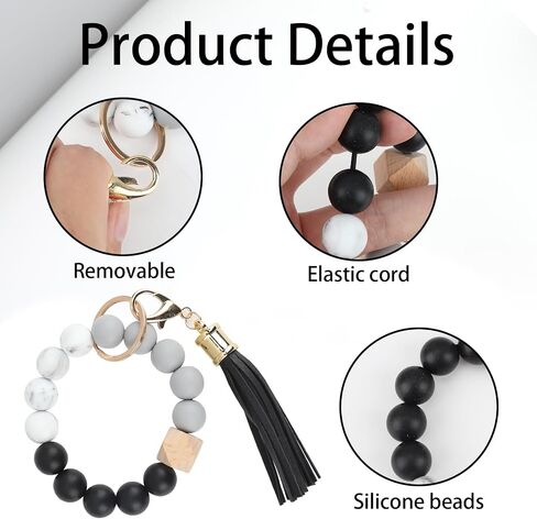 Silicone Beaded Bracelet Keychain with Leather Tassel,Elasticity Key Ring Bracelet for Women and Girls(Black) in Saudi Arabia