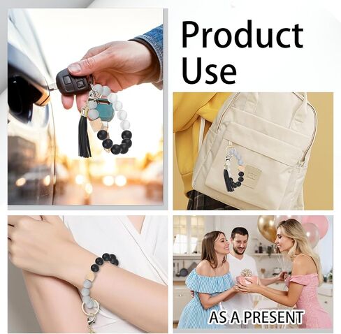 Silicone Beaded Bracelet Keychain with Leather Tassel,Elasticity Key Ring Bracelet for Women and Girls(Black) in Saudi Arabia