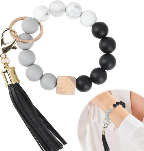 Silicone Beaded Bracelet Keychain with Leather Tassel,Elasticity Key Ring Bracelet for Women and Girls(Black) in Saudi Arabia