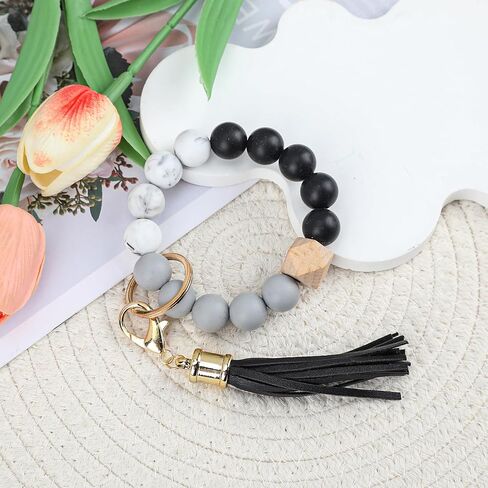 Silicone Beaded Bracelet Keychain with Leather Tassel,Elasticity Key Ring Bracelet for Women and Girls(Black) in Saudi Arabia