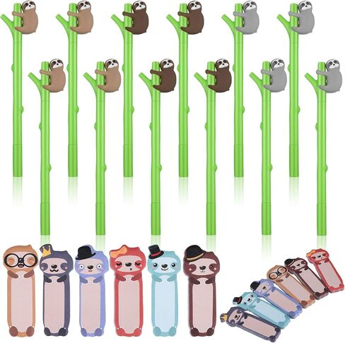 24 Pcs Cute Sloth Sticky Notes Pens Set, 12 Pads Animal Notepads Page Flags Index Tabs and 12 Pcs Cute Animal Print Pen for Sloth Lovers Kids Office School Friends Gifts Lazy Day in Saudi Arabia