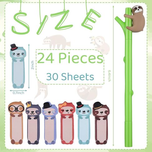 24 Pcs Cute Sloth Sticky Notes Pens Set, 12 Pads Animal Notepads Page Flags Index Tabs and 12 Pcs Cute Animal Print Pen for Sloth Lovers Kids Office School Friends Gifts Lazy Day in Saudi Arabia