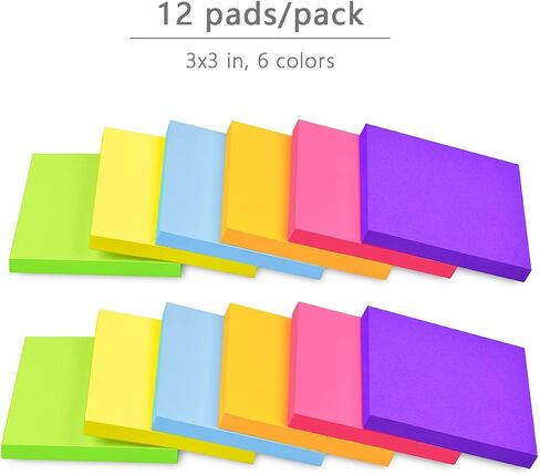 12 Pack Sticky Notes 3"x3" Bright Colors Self-Stick Note Pads, 6 Colors Bulk Sticky Memo Pad for School, Office, Meeting in Saudi Arabia