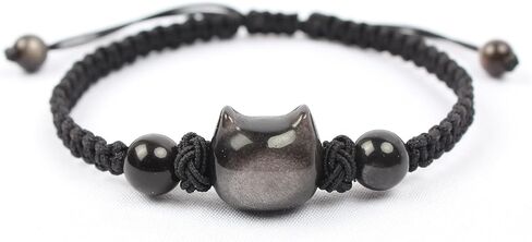 Cat Black Obsidian Bracelets, Beaded Bracelets Healing Crystal Bracelet Stretch Bracelets for Women String Gemstone Round Beads Bracelet Cat Gifts for Cat Lovers Fashion Jewelry Gift for Women Girls in Saudi Arabia