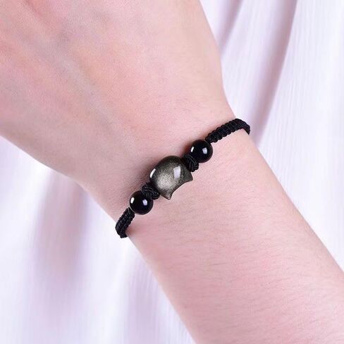 Cat Black Obsidian Bracelets, Beaded Bracelets Healing Crystal Bracelet Stretch Bracelets for Women String Gemstone Round Beads Bracelet Cat Gifts for Cat Lovers Fashion Jewelry Gift for Women Girls in Saudi Arabia