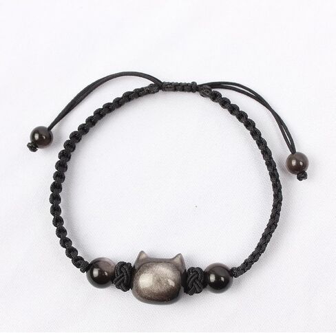 Cat Black Obsidian Bracelets, Beaded Bracelets Healing Crystal Bracelet Stretch Bracelets for Women String Gemstone Round Beads Bracelet Cat Gifts for Cat Lovers Fashion Jewelry Gift for Women Girls in Saudi Arabia