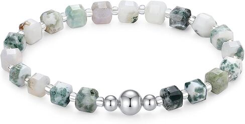 Handmade Original 6MM Healing Crystal Natural Gemstone Yoga Bracelet Faceted Stone Stretch 18K Gold White Gold Ball Bracelet for Women men (Tree Agate, 18K White Gold Plated) in Saudi Arabia