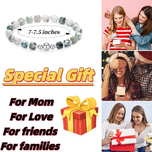 Handmade Original 6MM Healing Crystal Natural Gemstone Yoga Bracelet Faceted Stone Stretch 18K Gold White Gold Ball Bracelet for Women men (Tree Agate, 18K White Gold Plated) in Saudi Arabia