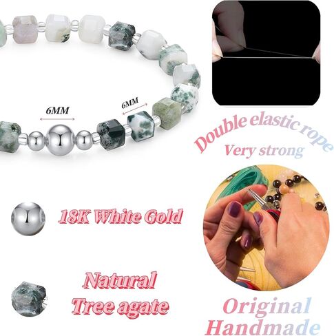 Handmade Original 6MM Healing Crystal Natural Gemstone Yoga Bracelet Faceted Stone Stretch 18K Gold White Gold Ball Bracelet for Women men (Tree Agate, 18K White Gold Plated) in Saudi Arabia