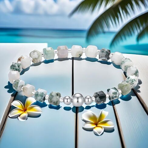 Handmade Original 6MM Healing Crystal Natural Gemstone Yoga Bracelet Faceted Stone Stretch 18K Gold White Gold Ball Bracelet for Women men (Tree Agate, 18K White Gold Plated) in Saudi Arabia