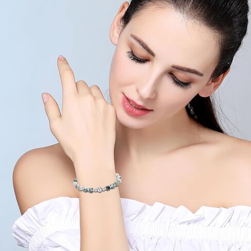 Handmade Original 6MM Healing Crystal Natural Gemstone Yoga Bracelet Faceted Stone Stretch 18K Gold White Gold Ball Bracelet for Women men (Tree Agate, 18K White Gold Plated) in Saudi Arabia