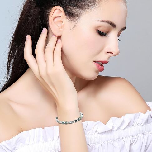 Handmade Original 6MM Healing Crystal Natural Gemstone Yoga Bracelet Faceted Stone Stretch 18K Gold White Gold Ball Bracelet for Women men (Tree Agate, 18K White Gold Plated) in Saudi Arabia