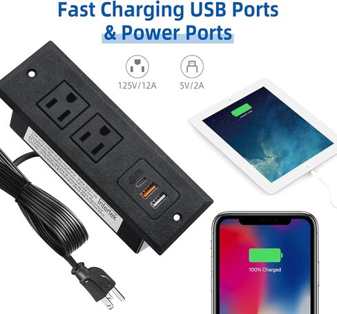 TOOCUST Recessed Power Strip with USB C Port, Desk Outlet with 3 USB Ports, Conference Drawer Outlet with 2 AC Plugs, Hidden Recessed Power Outlet Socket 6.56ft in Saudi Arabia