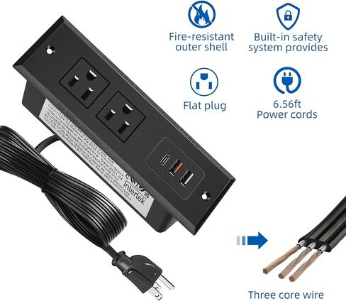 TOOCUST Recessed Power Strip with USB C Port, Desk Outlet with 3 USB Ports, Conference Drawer Outlet with 2 AC Plugs, Hidden Recessed Power Outlet Socket 6.56ft in Saudi Arabia